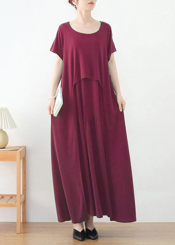 Bohemian Red O-Neck Exra Large Hem Long Dress Short Sleeve Tunics stripes playful