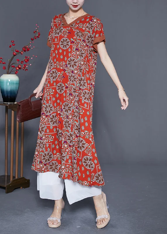 Bohemian Red O-Neck Print Cotton Long Dress Summer Tunics Long Elegant