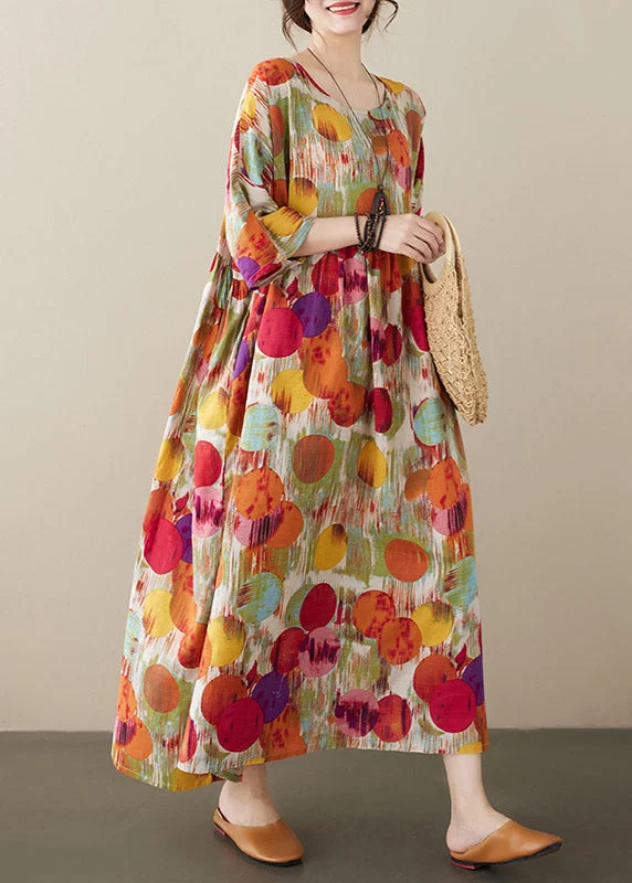 Bohemian Red O-Neck Print Cozy Long Dress Tunics Print Colorful