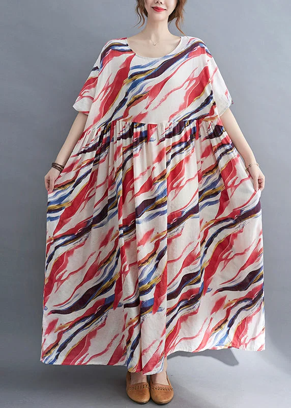 Bohemian Red O-Neck Print wrinkled Long Dress Short Sleeve Tunics Plaid country