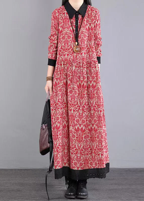 Bohemian Red Peter Pan Collar Patchwork Cotton Long Dress Fall sweetheart Neckline Romantic Bohemian Red Peter Pan Collar Patchwork Cotton Long Dress Fall sweetheart Neckline Romantic