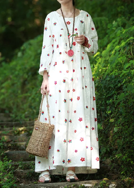 Bohemian White Cinched Embroidery High-waisted Long Dresses Long Sleeve Tunics Polka dots Bohemian White Cinched Embroidery High-waisted Long Dresses Long Sleeve Tunics Polka dots