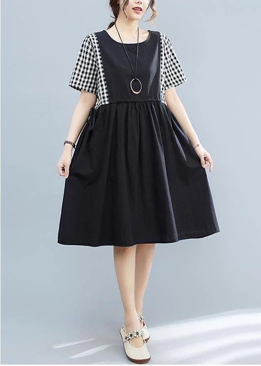 Boho Black Patchwork Plaid Cotton  Loose Summer Long Dress Square Neckline Feminine