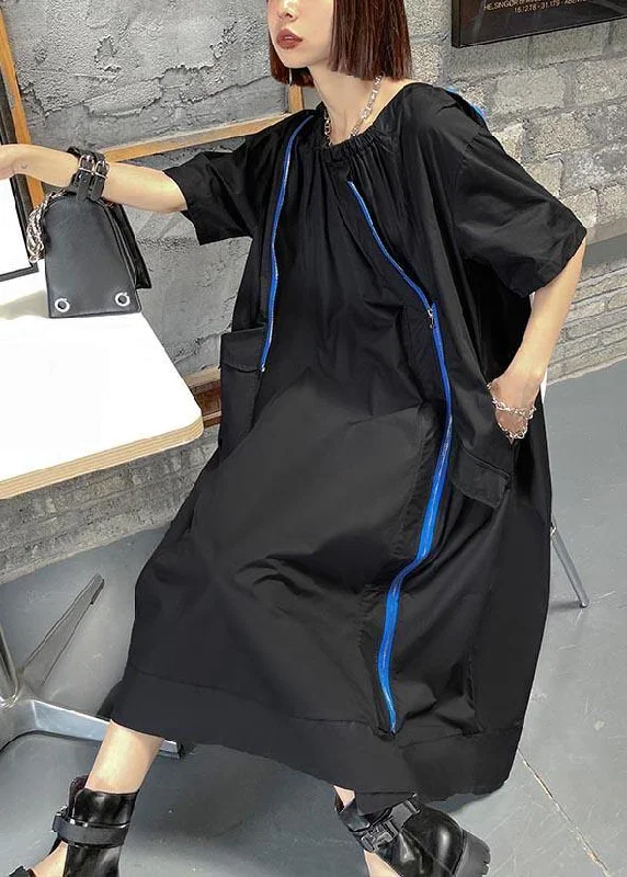 Boho Black Pockets Cotton zippered Summer Long Dresses Cowl Neckline Elegant