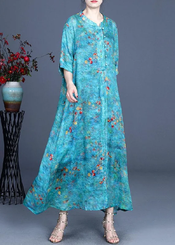 Boho Blue Print O-Neck Summer Ramie Long Dress Half Sleeve Boat Neckline Classic