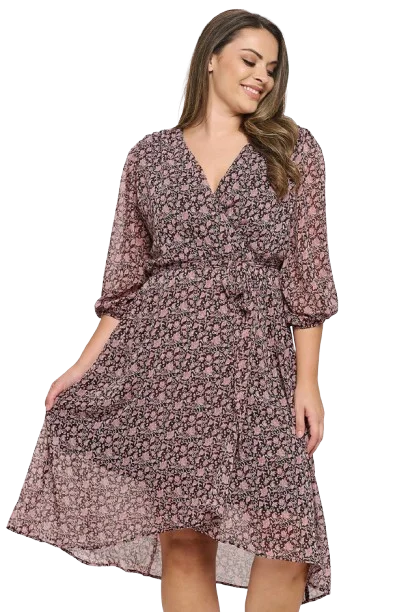 Brown Mauve Plus Size Half Puff Sleeve Wrap Waist Tie Printed Dress - Pack of 6 Tunics Distressed trendy Brown Mauve Plus Size Half Puff Sleeve Wrap Waist Tie Printed Dress - Pack of 6 Tunics Distressed trendy