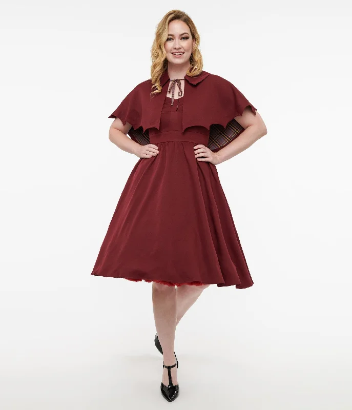 Disney Hocus Pocus Collection by Unique Vintage Burgundy & Grey Plaid Hocus Pocus Capelet Swing Dress Tunics Occasion special Disney Hocus Pocus Collection by Unique Vintage Burgundy & Grey Plaid Hocus Pocus Capelet Swing Dress Tunics Occasion special