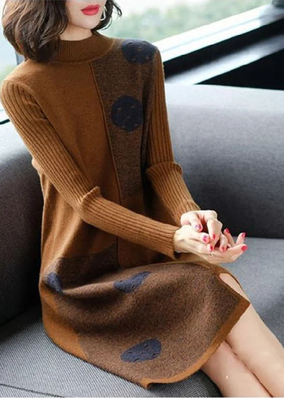 Fashion Chocolate High Neck Asymmetrical Design Knit Sweater Dress Long Sleeve