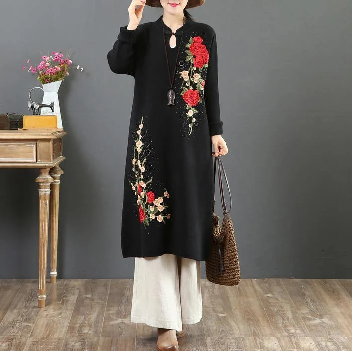 For Work stand collar Sweater embroidery outfits Street Style black wild Ugly knit dresses