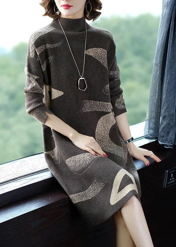 French Khaki Stand Collar Oversized Print Cashmere Sweater Dress Long Sleeve