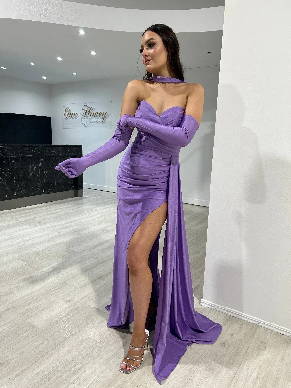 Honey Couture TWYLA Lavender Strapless Silky W/ Gloves Mermaid Formal Dress Tunics Luxurious high-end Honey Couture TWYLA Lavender Strapless Silky W/ Gloves Mermaid Formal Dress Tunics Luxurious high-end
