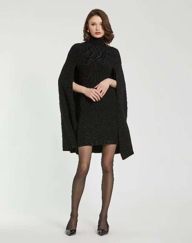 Turtle Neck Knit Cape Mini Dress Tunics Chic fashionable