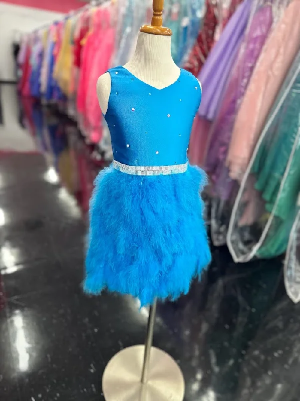 Marc Defang 5072 Size 4, 8 Blue Girls Dress Short Feather Skirt Scoop Neckline Embellished Top and Waistline A-Line Day Work Marc Defang 5072 Size 4, 8 Blue Girls Dress Short Feather Skirt Scoop Neckline Embellished Top and Waistline A-Line Day Work