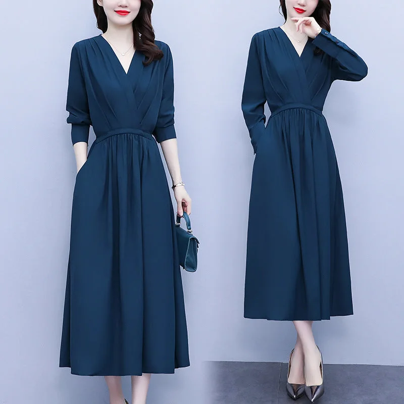 NiDELL . Autumn High-End Long-Sleeved plus Size Women's Clothing Chubby Girl's Dress Waist Slimming Lace-up V-neck Temperament Long Dress Women Tunics Vintage classic NiDELL . Autumn High-End Long-Sleeved plus Size Women's Clothing Chubby Girl's Dress Waist Slimming Lace-up V-neck Temperament Long Dress Women Tunics Vintage classic