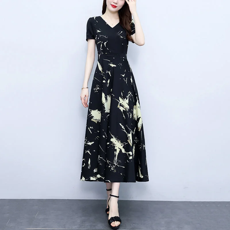 NiDELL Chiffon Floral Dress . Women's New High-End Temperament Short Sleeve Black Waist Slimming Summer Long Dress Tunics Stylish elegant NiDELL Chiffon Floral Dress . Women's New High-End Temperament Short Sleeve Black Waist Slimming Summer Long Dress Tunics Stylish elegant