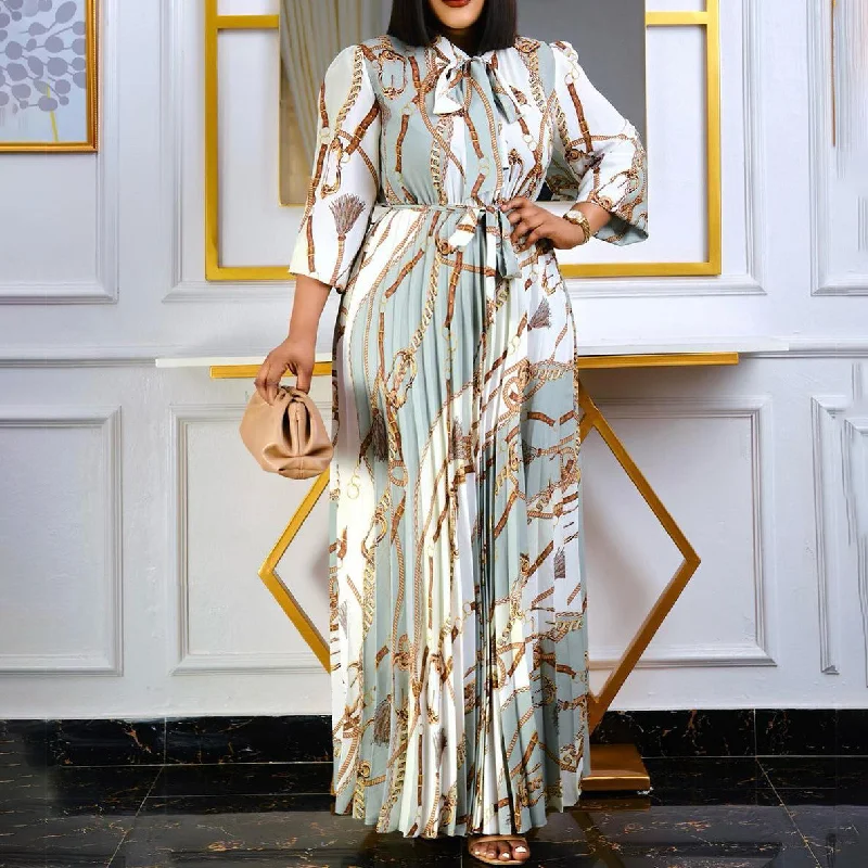 NiDELL D211 Cross-Border New Arrival . Spring Long Sleeve Printed Pleated Lace-up Ol European and American Long Dress Large Size Foreign Trade Dress Tunics Practical easy-care