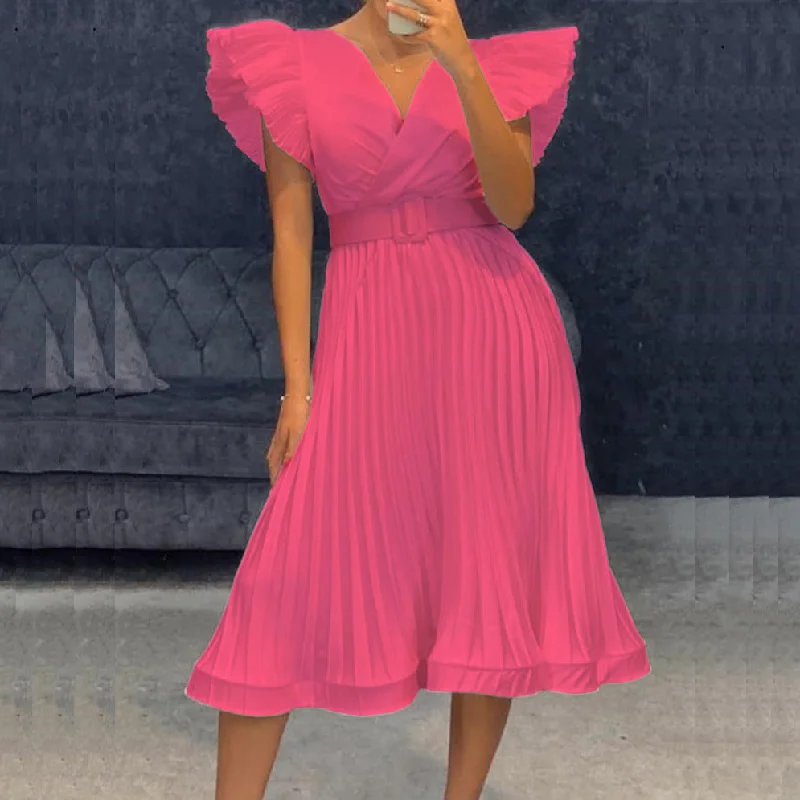 NiDELL D215 Belt European and American New Summer V-neck Tight Waist Pleated Temperament Commute Foreign Trade Large Size Cross-Border Dress Off-the-shoulder Chic Trendy NiDELL D215 Belt European and American New Summer V-neck Tight Waist Pleated Temperament Commute Foreign Trade Large Size Cross-Border Dress Off-the-shoulder Chic Trendy