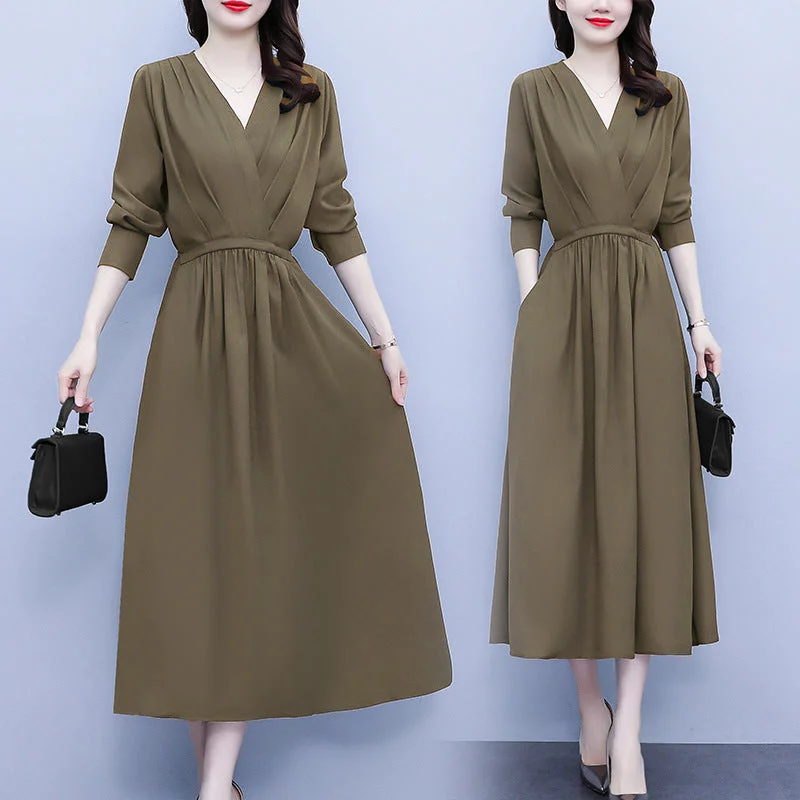 NiDELL Elegant High-Looking Dress Autumn Long Sleeve Loose Lace-up Pocket V-neck Overknee Long Dress Large Size Women's Clothing Tunics Fall fleece NiDELL Elegant High-Looking Dress Autumn Long Sleeve Loose Lace-up Pocket V-neck Overknee Long Dress Large Size Women's Clothing Tunics Fall fleece