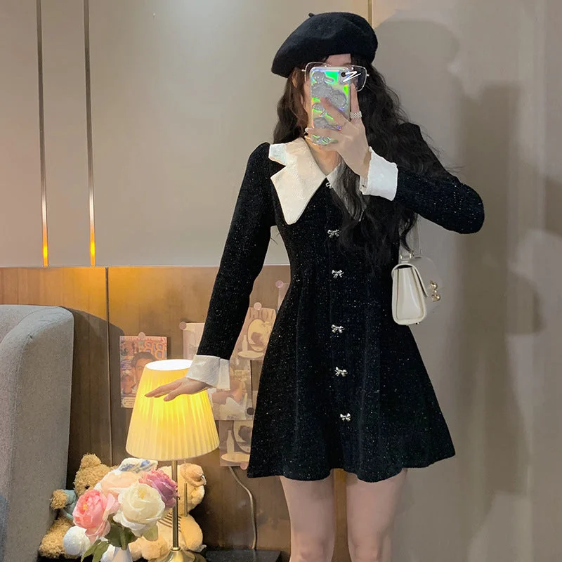 NiDELL French Style Doll Collar Classic Style Gold Princess Dress for Women Spring and Autumn New Waist Slimming Elegant Black Dress Shift Classic Vintage NiDELL French Style Doll Collar Classic Style Gold Princess Dress for Women Spring and Autumn New Waist Slimming Elegant Black Dress Shift Classic Vintage