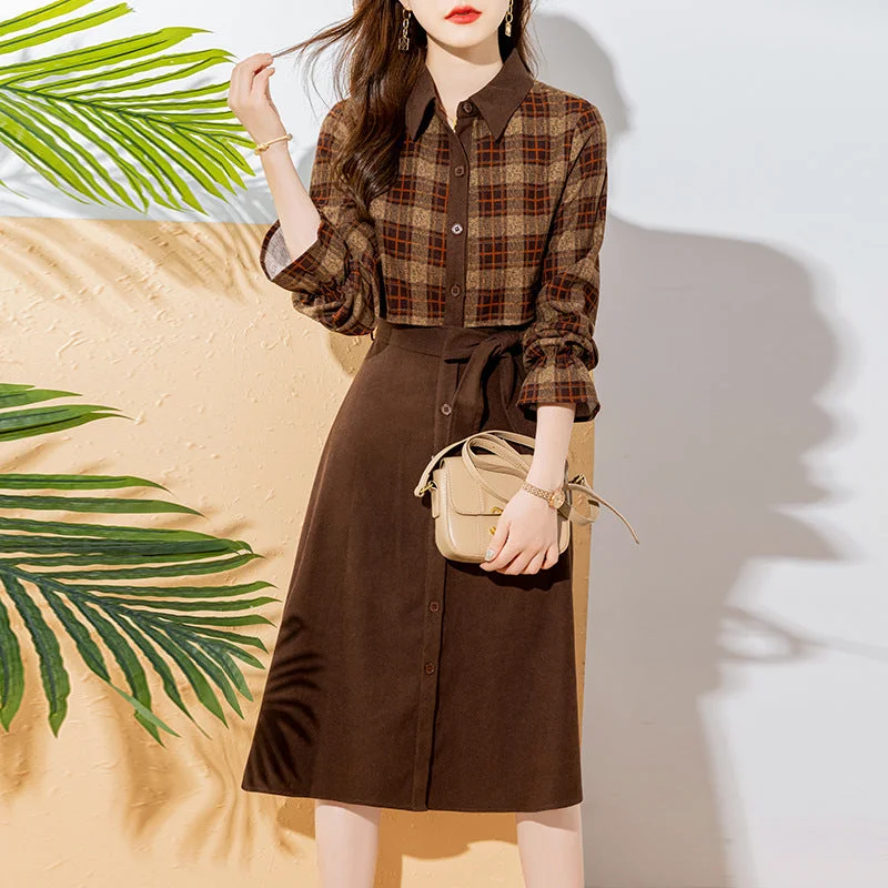 NiDELL French Style Long Dress Women's Waist Slimming . Autumn New Skirt Plaid Stitching Elegant Shirt Dress Tunics Practical durable NiDELL French Style Long Dress Women's Waist Slimming . Autumn New Skirt Plaid Stitching Elegant Shirt Dress Tunics Practical durable