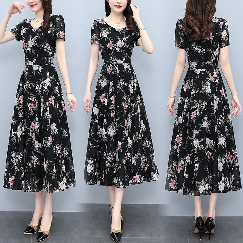 NiDELL Large Size Women's Dress . Summer New Black Chiffon Floral Plump Girls Tight Waist Slimming Long Dress in Stock Tunics Polka dots NiDELL Large Size Women's Dress . Summer New Black Chiffon Floral Plump Girls Tight Waist Slimming Long Dress in Stock Tunics Polka dots