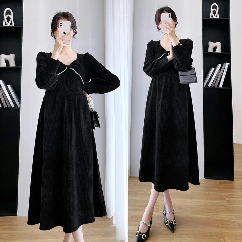 NiDELL Maternity Dress Autumn Dress . New Autumn and Winter Long Sleeves Slimming Dress Autumn Chenille High Waist over Knee Long Dress Tunics Corduroy durable