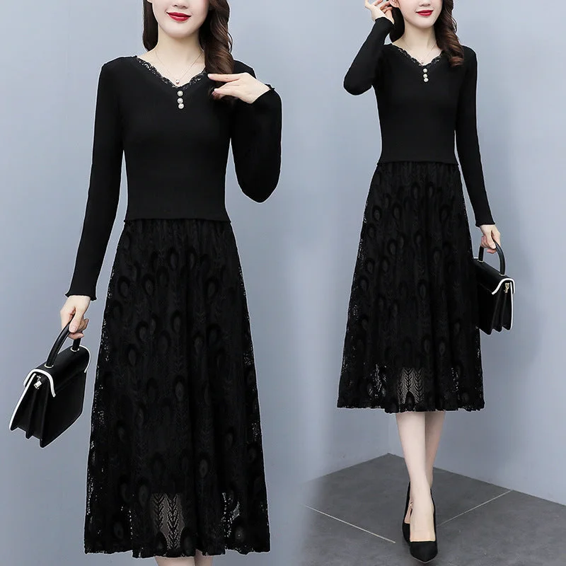 NiDELL Mid-Length Lace Long-Sleeved Dress . Spring and Autumn Knitted Younger Mom Dress Autumn and Winter V-neck Temperament Long Dress Tunics Essential wardrobe NiDELL Mid-Length Lace Long-Sleeved Dress . Spring and Autumn Knitted Younger Mom Dress Autumn and Winter V-neck Temperament Long Dress Tunics Essential wardrobe
