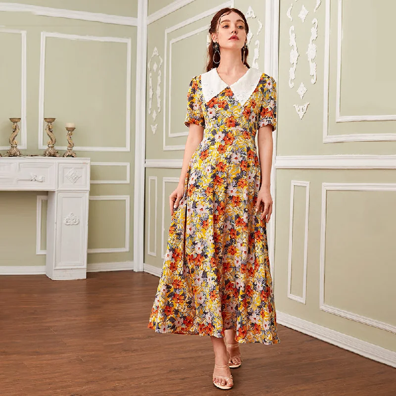 NiDELL MXZ-130 European and American Women's Clothing . Fashion Peter Pan Collar Short Sleeve High Waist Flounced Skirt Temperament Long Dress Tunics Floral girly NiDELL MXZ-130 European and American Women's Clothing . Fashion Peter Pan Collar Short Sleeve High Waist Flounced Skirt Temperament Long Dress Tunics Floral girly