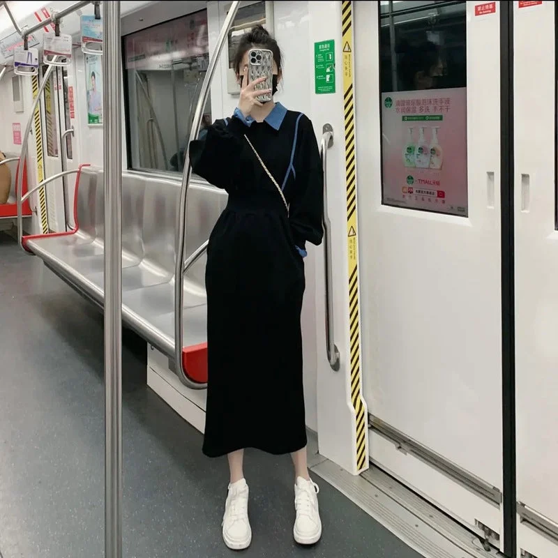 NiDELL . Spring and Autumn Korean Style New Fashion Design Denim Stitching Loose Slimming Temperament Split Long Dress Tunics Solid Classic NiDELL . Spring and Autumn Korean Style New Fashion Design Denim Stitching Loose Slimming Temperament Split Long Dress Tunics Solid Classic