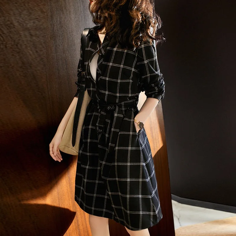 NiDELL . Spring and Autumn New French Style Plaid Shirtdress Design Tight Waist Slimming Temperament Goddess Style Dress Tunics Cozy comfortable