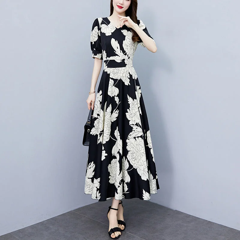 NiDELL . Summer New High-End Mother's Chiffon Dress Large Long Style Plump Girls Tight Waist Slim Looking Belly Covering Long Dress Tunics Modern contemporary NiDELL . Summer New High-End Mother's Chiffon Dress Large Long Style Plump Girls Tight Waist Slim Looking Belly Covering Long Dress Tunics Modern contemporary