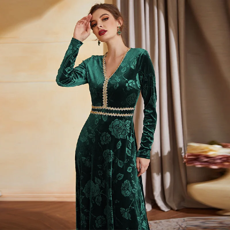 NiDELL TY-21521 Autumn and Winter New Fashion European and American Style Women's Elegant Gold Velvet High Waist Dress in Stock Tunics Velvet soft
