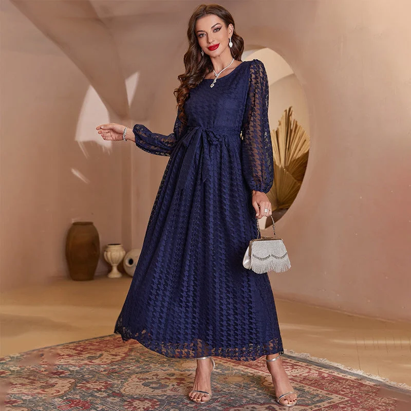 NiDELL Ty-21836 European and American Women's Clothing . Fashion Lace Ribbon Zip round Neck Solid Color Temperament High Waist Dress Tunics Travel practical NiDELL Ty-21836 European and American Women's Clothing . Fashion Lace Ribbon Zip round Neck Solid Color Temperament High Waist Dress Tunics Travel practical