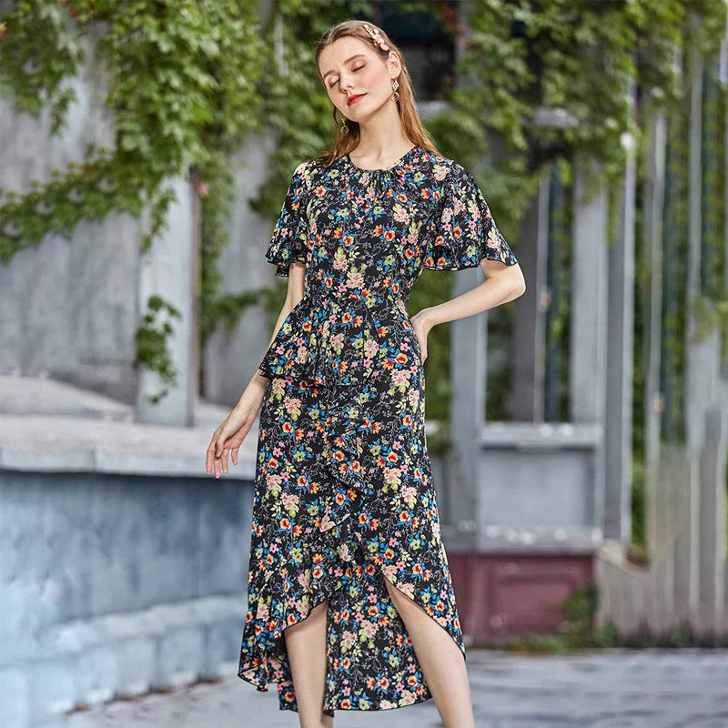 NiDELL Ty-70 European and American Women's Clothing . Amazon Cross-Border round Neck Short Sleeve Floral High Waist Slimming Long Dress Tunics Print Colorful NiDELL Ty-70 European and American Women's Clothing . Amazon Cross-Border round Neck Short Sleeve Floral High Waist Slimming Long Dress Tunics Print Colorful