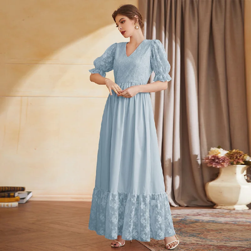 NiDELL Zty-21438 Fashion European and American Style Women's Spring New Casual Lantern Sleeve V-neck High Waist Embroidery Mesh Long Dress Boatneck Modish Everyday NiDELL Zty-21438 Fashion European and American Style Women's Spring New Casual Lantern Sleeve V-neck High Waist Embroidery Mesh Long Dress Boatneck Modish Everyday