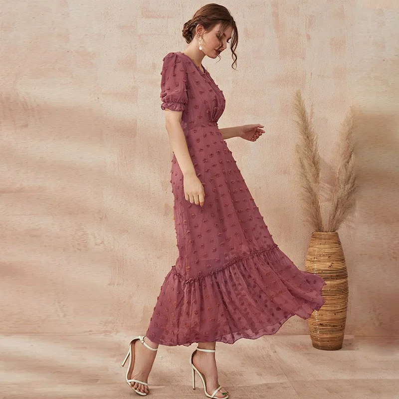 NiDELL Zty-21518 European and American Women's Clothing . Cross-Border New Arrival Dress Fashion V-neck Puff Sleeve High Waist Pure Color Dress Tunics Long Elegant NiDELL Zty-21518 European and American Women's Clothing . Cross-Border New Arrival Dress Fashion V-neck Puff Sleeve High Waist Pure Color Dress Tunics Long Elegant