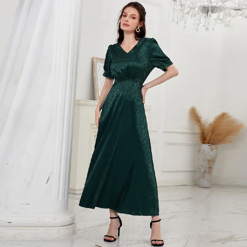 NiDELL Zty-61 European and American Women's Clothing . Summer New Fashion Casual High Waist Pure Color V-neck Puff Sleeve Dress Floral Print girly NiDELL Zty-61 European and American Women's Clothing . Summer New Fashion Casual High Waist Pure Color V-neck Puff Sleeve Dress Floral Print girly