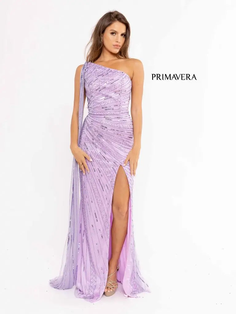 Primavera Couture 3956 Size 12 Lilac Long Fitted Beaded One Shoulder Cape Prom Dress Slit Pageant Gown Halter Neckline Beach Primavera Couture 3956 Size 12 Lilac Long Fitted Beaded One Shoulder Cape Prom Dress Slit Pageant Gown Halter Neckline Beach