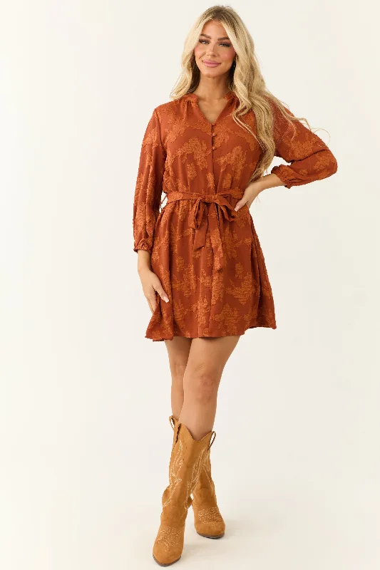 Tawny Floral Jacquard Short Dress with Waist Tie Tunics Recommended stylist