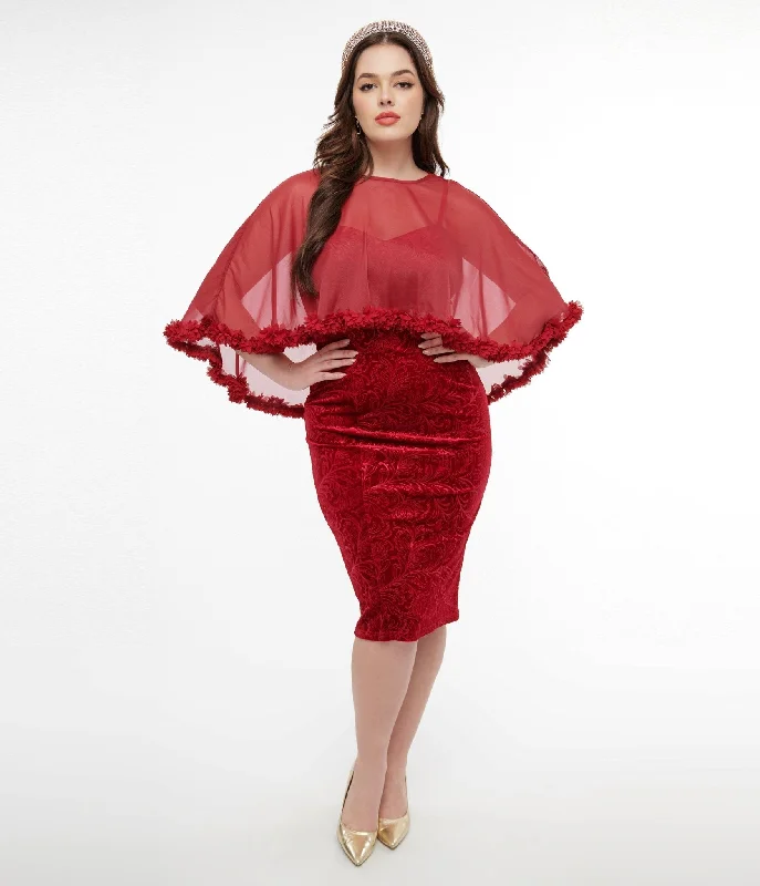Unique Vintage 1960s Red Velvet Ruffle Capelet Wiggle Dress Tunics Fall fleece