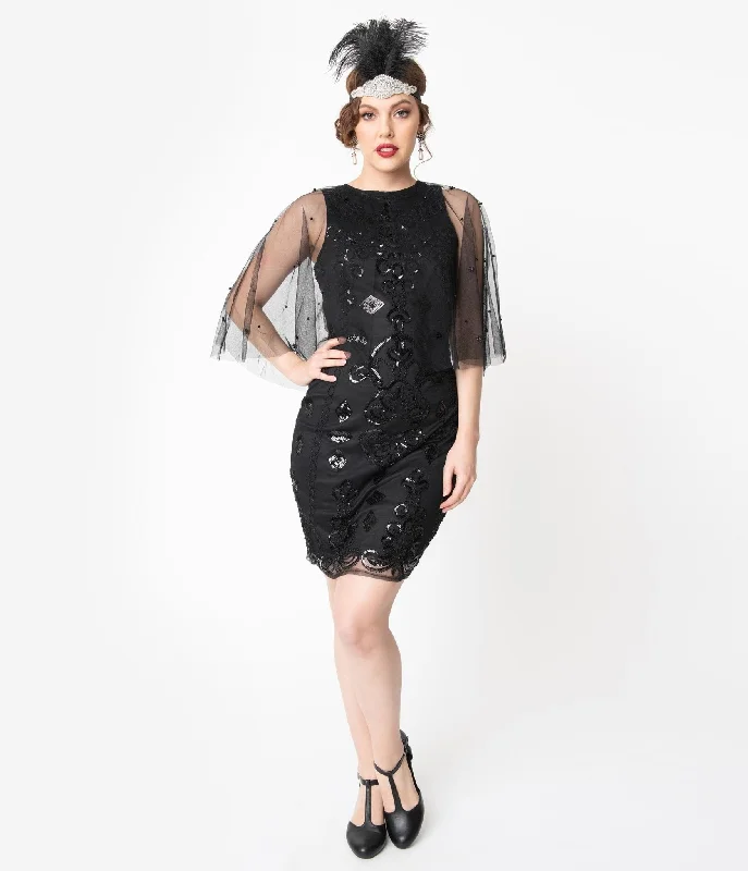 Unique Vintage Black Beaded Mesh Cape Olivette Cocktail Dress Elegant Long Evening