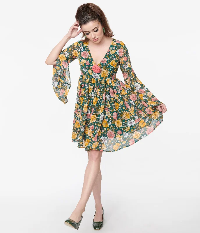 Unique Vintage Hunter Green Floral Empire Waist Dress Tunics Luxurious high-end