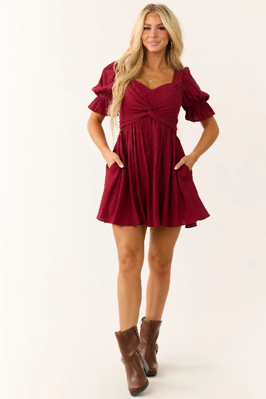 Wine Half Puff Sleeve Short Dress with Waist Tie Tunics Timeless classic