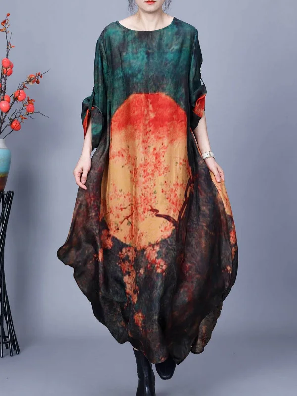 Women Spring Vintage Flower Print Long Dress Tunics Custom made