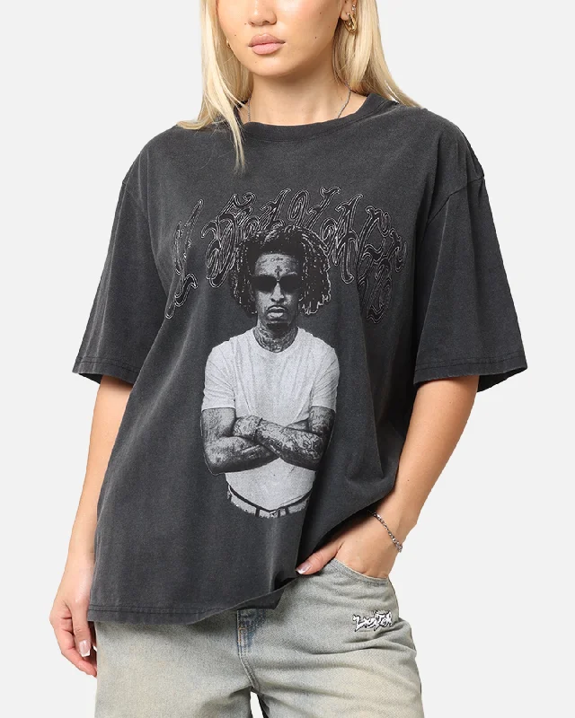 21 Savage Photo T-Shirt Washed Black Hooded Caped Shawl Collar
