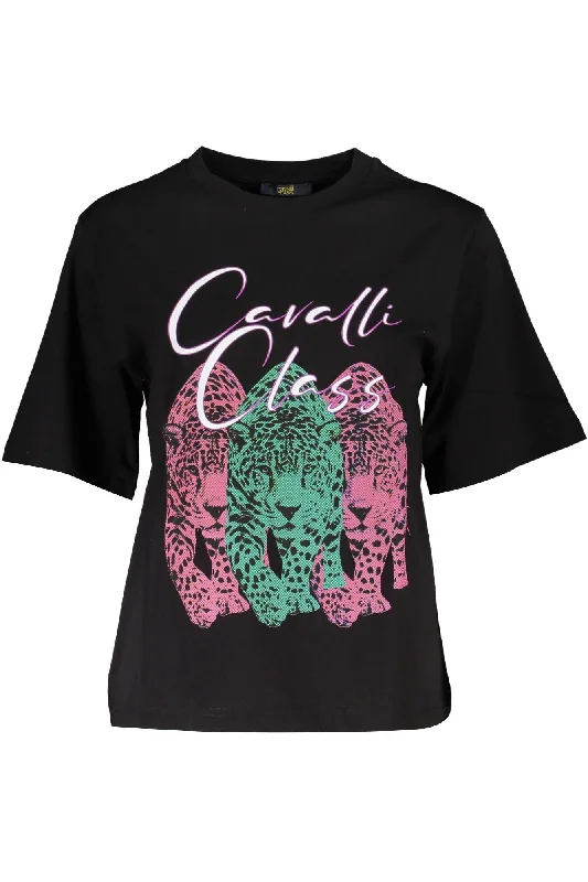 Black Cotton Women T-Shirt Mesh Blend Leather Blend Suede Blend