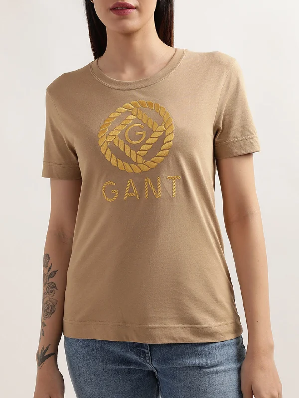 Gant Dark Khaki Preppy Logo Relaxed Fit T-Shirt Zippered Front Buttoned Front Snap Front