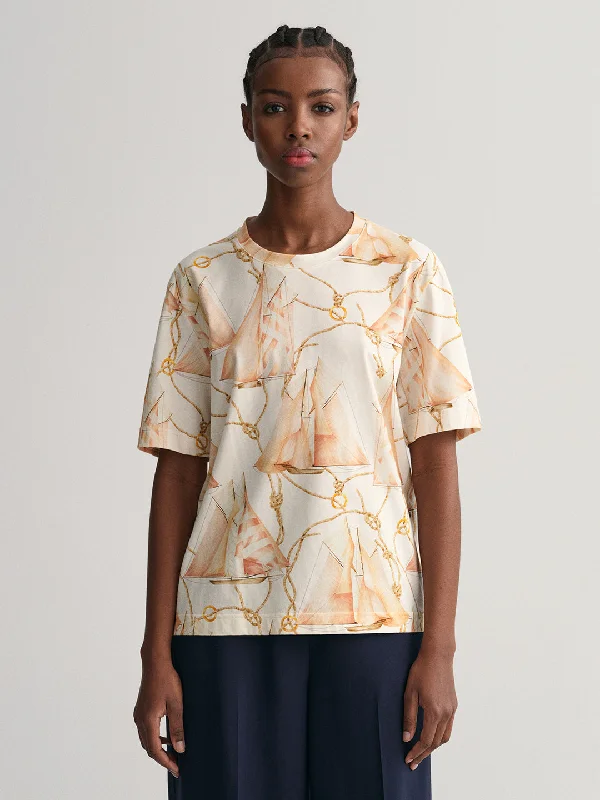Gant Cream Preppy Printed Relaxed Fit T-Shirt Cozy Warm Stylish