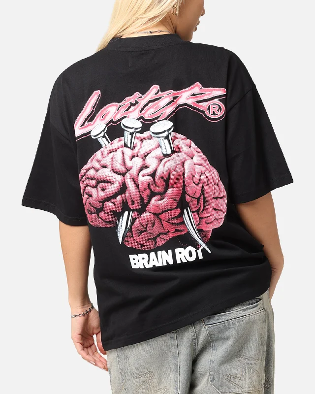 Loiter Brain Rot Vintage T-Shirt Black V-Neck T-Shirt Long Sleeve Cotton