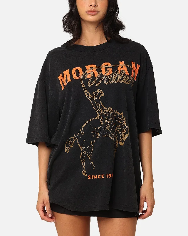 Morgan Wallen Cowboy T-Shirt Washed Black Collared T-Shirt Boat Neck A-Line